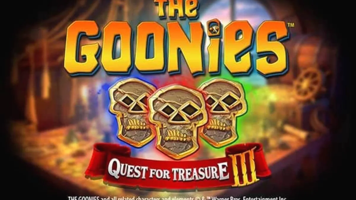 The Goonies Quest for Treasure 3 slot game interface featuring iconic characters and treasure map elements.