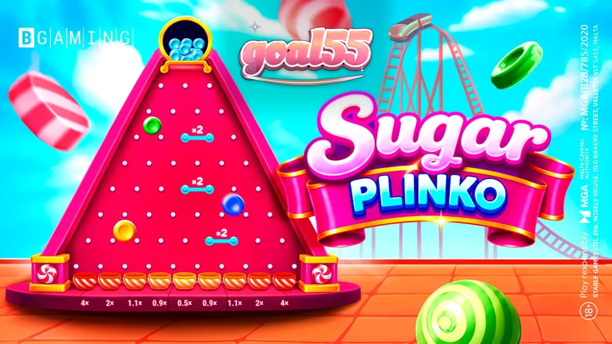 Tampilan layar permainan Sugar Plinko dengan tema permen yang cerah.